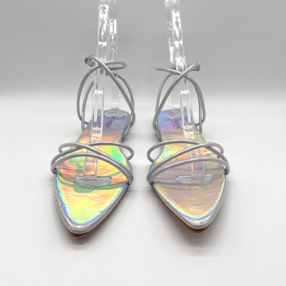 CAPE ROBBIN Shoes Womens 9 Silver Bibi Holographic Ankle Strap Flat Point Sandal - Picture 2 of 10